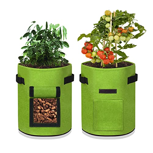 Froadp 27L Pflanzenwachstumstaschen Set 7 Gallonen Kartoffeln Pflanzsack mit Klettverschluss Fenster & Griff Filzstoff Pflanztasche Pflanztopf für Blumen Kartoffeln Pflanzen Gemüse (Grün, 2 Stück) von Froadp