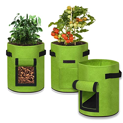 Froadp 38L Pflanzenwachstumstaschen Set 10 Gallonen Kartoffeln Pflanzsack mit Klettverschluss Fenster & Griff Filzstoff Pflanztasche Pflanztopf für Blumen Kartoffeln Pflanzen Gemüse (Grün, 3 Stück) von Froadp