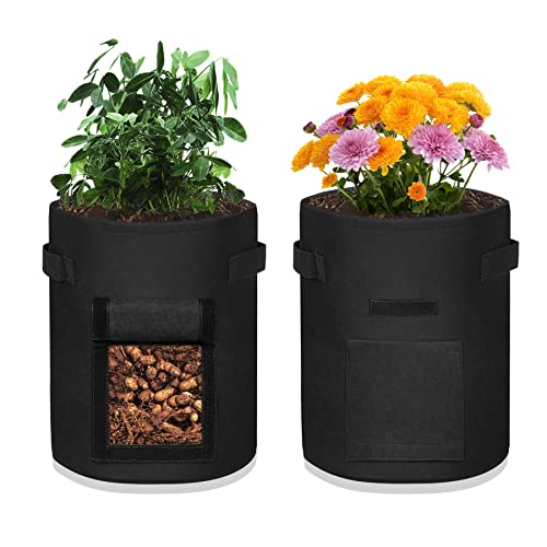 Froadp 38L Pflanzenwachstumstaschen Set 10 Gallonen Kartoffeln Pflanzsack mit Klettverschluss Fenster & Griff Filzstoff Pflanztasche Pflanztopf für Blumen Kartoffeln Pflanzen Gemüse (Schwarz, 2 Stück) von Froadp