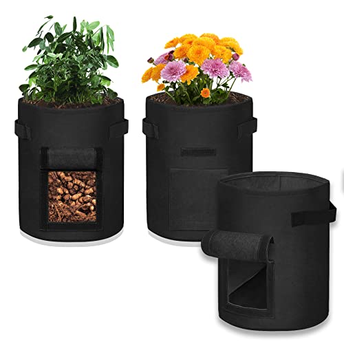 Froadp 38L Pflanzenwachstumstaschen Set 10 Gallonen Kartoffeln Pflanzsack mit Klettverschluss Fenster & Griff Filzstoff Pflanztasche Pflanztopf für Blumen Kartoffeln Pflanzen Gemüse (Schwarz, 3 Stück) von Froadp