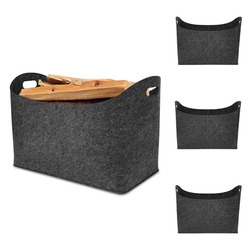 Froadp 4 Stück Filztasche Filzkorb für Kaminholz Einkaufstasche aus Filz Multifunktionale Filztaschen Shopper Faltbare Kaminholzkorb mit Verstärkten Griffen Tragfähigkeit Bis zu 60kg (Dunkelgrau) von Froadp