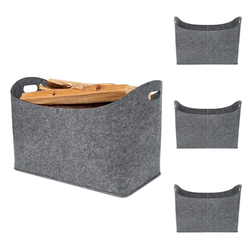 Froadp 4 Stück Filztasche Filzkorb für Kaminholz Einkaufstasche aus Filz Multifunktionale Filztaschen Shopper Faltbare Kaminholzkorb mit Verstärkten Griffen Tragfähigkeit Bis zu 60kg (Hellgrau) von Froadp