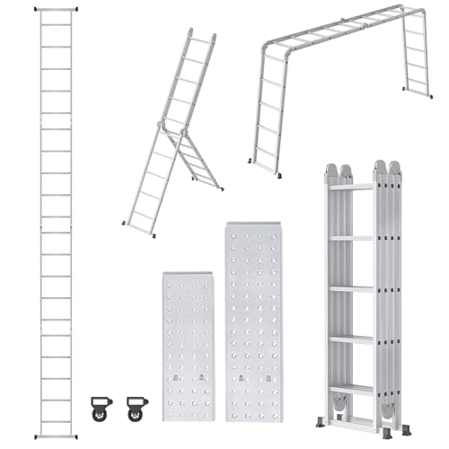 Froadp 580cm Aluminum Mehrzweckleitern, 4x5 Stufen Gerüst Leiter, Ausziehbar Treppenleiter mit 2 Arbeitsplattform, Klappbare Stehleiter, Arbeitsbühne Schiebeleiter für Haus, Werkstatt(Schwarz) von Froadp