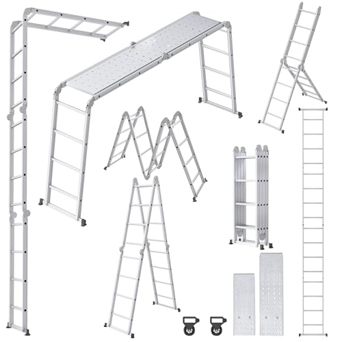 Froadp 6 in 1 Mehrzweckleiter 4,7 M Klappbare Vielzweckleiter Aluminum Gerüst Klappleiter Arbeitsleiter mit 2 Rollen & Plattform Multifunktions Kombileiter Steigleiter Belastbarkeit bis 150 KG von Froadp