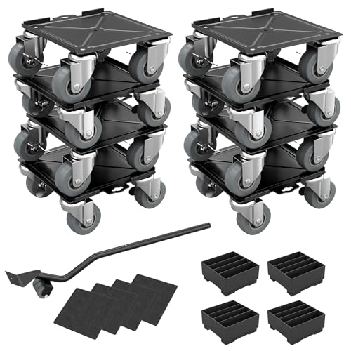 Froadp 8 Stück Möbel Transportrollen Set Möbelroller Schwerlast 360° Rotation Möbelheber Transportroller Möbeltransporthilfe mit PP-Rädern, Lastenheb, Anti-Rutsch-Pads und Höhenregler von Froadp
