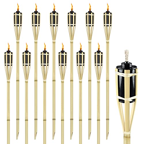 Froadp 90cm Höhe Ölfackeln Outdoor Fackeln Set mit Ersatzdocht und 213ml Eisen Lampenöl Flasche Bambus Gartenfacken Tragbare Laternen Bambusfackeln Deko für den Garten Draußen Feste (12 Stück) von Froadp