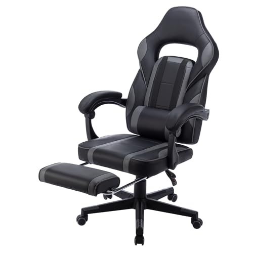 Froadp Bürostuhl Ergonomisch Gaming Stuhl 360° Drehbare Schreibtischstuhl Wippfunktion mit Lendenkissen Armlehnen und Fußstütze Chefsessel Höhenverstellbar 110-120cm, Schwarz Grau (Typ B) von Froadp