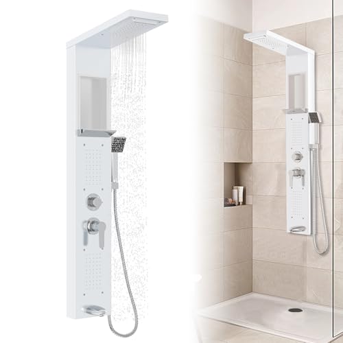 Froadp Duschpaneel Regendusche Edelstahl Duschsystem 5-Funktion Wandmontage Duschset mit Handbrause, Regendusche, Massagedusche, Wasserfalldusche, Duscharmatur Komplettset (Weiß) von Froadp