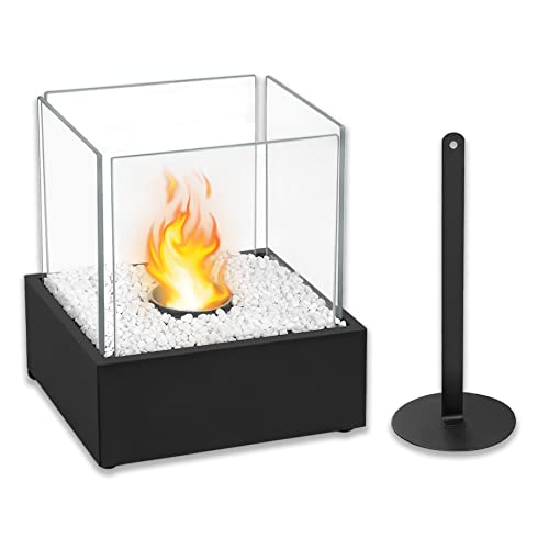 Froadp Ethanol Kamine Set Tragbare Bioethanol Tischkamin mit Glas, Stahl Base & Weiß Dekosteinen 25x21x29cm Rechteckig Windlicht Terrassenofen Bio Ethanol Tischfeuer Deko für Innen & Außen von Froadp