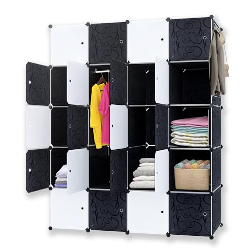Froadp Faltbarer Kleiderschrank 178 x 145 x 35 cm DIY Steckregalsystem Kunststoff Garderobenschrank mit 20 Fächern Regalsystem Schrank für Kleidung Schuhe Spielzeug Bücher, Schwarz und Weiß von Froadp