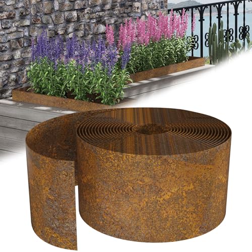 Froadp Flexible Rasenkante Garten Beetumrandung 10 M x 14 cm Metall Beeteinfassung Pflanzkasten Gartenbeet für Gartenpflanzen Gemüseanbau Kräuteranbau Floral (Gerade Form - Rostfarbe) von Froadp