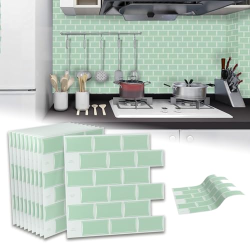 Froadp Fliesenaufkleber 30 x 30 cm, 3D Fliesen Aufkleber Selbstklebende Fliesen Selbstklebende Wandfliesen PVC-Fliesen für Küche Bad Küche Zurück Wandfliesen(10 Stück, Type B - Grün) von Froadp
