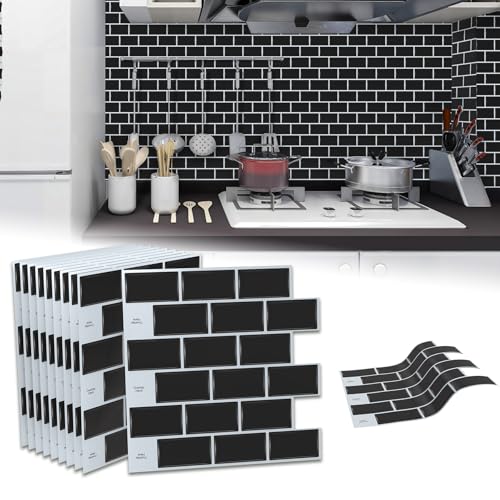 Froadp Fliesenaufkleber 30 x 30 cm, 3D Fliesen Aufkleber Selbstklebende Fliesen Selbstklebende Wandfliesen PVC-Fliesen für Küche Bad Küche Zurück Wandfliesen(10 Stück, Type B - Schwarz) von Froadp