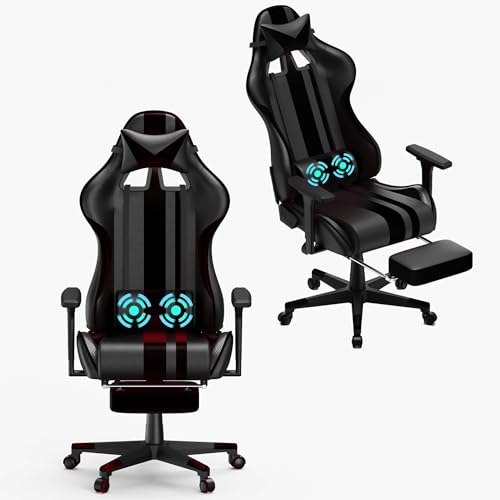 Froadp Gaming Stuhl Massage Bürostuhl Ergonomisch Gepolstert Gaming Chair Drehsessel mit Verstellbare Lendenkissen, Kopfkissen, 360° Drehbare Rollen und Armlehnen 136 kg Belastbarkeit, Schwarz von Froadp