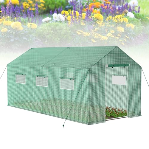 Froadp Gartengewächshäuser aus Verzinktes Rohr Tomatenhaus Winterfest Foliengewächshaus mit Gitternetzfolie Fenster Frostschutz Treibhaus Grün Gewächshaus für Garten Pflanze (9㎡, 4.5x2x2m) von Froadp