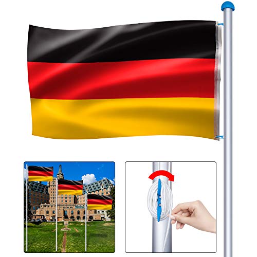 Froadp Höhenverstellbar Aluminium Fahnenmast Witterungsbeständigem Flaggenmast mit Deutschlandfahne Seilzug und Stabil Bodenhülse für Draussen Einbetonieren(Gesamthöhe 650cm)… von Froadp