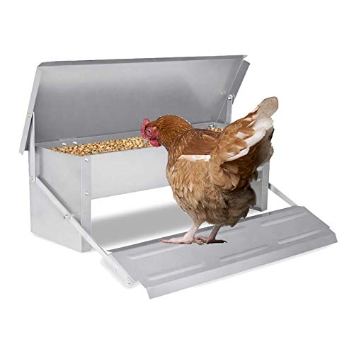 Froadp Hühner Futterautomat aus Metall mit Rattensicher Füßen Pedal und Wasserfest Deckel Hält bis zu 5KG Futter Fütterungsgeräte Tröge für Geflügel Enten Hühner von Froadp