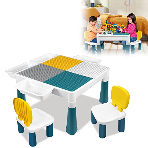 Froadp Kindertisch mit 2 Stuhl und 163 Bauklötzen Multifunktionaler Aktivitätstisch für Kinder Spieltisch mit Aufbewahrungsbox Bausteine Spieltisch Set 3 Einstellbare Höhen Tisch & Stuhlsets von Froadp