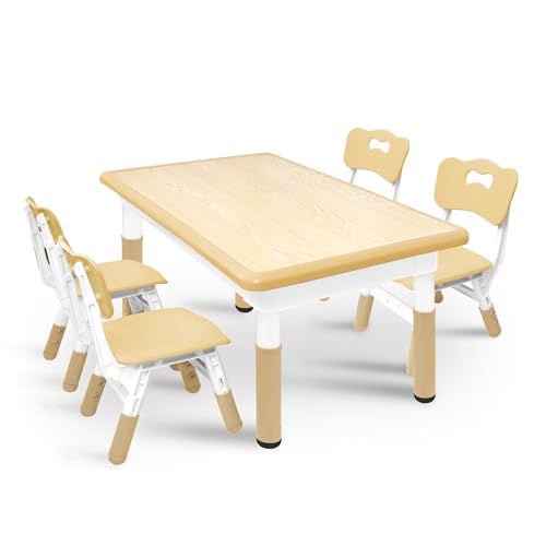 Froadp Kindertisch mit 4 Stühlen Kunststoff Kindersitzgruppe Höhenverstellbar Kinder Tisch Stuhl Set Kindermöbel Multifunktionale Sitzgruppe für Jungen und Mädchen im Alter von 2-10 Jahren, Holzfarbe von Froadp