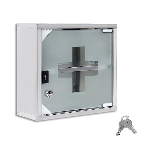Froadp Medizinschrank Arzneischrank aus Edelstahl 30 x 12 x 30 cm Abschließbarer Hausapotheke mit Glas Tür & Schloss Apothekerschrank Medikamentenschrank Erste Hilfe Schrank (2 Fächer) von Froadp