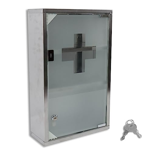 Froadp Medizinschrank Arzneischrank aus Edelstahl Abschließbarer Hausapotheke mit Glas Tür & Schloss 30 x 12 x 50 cm Apothekerschrank Medikamentenschrank Erste Hilfe Schrank (3 Fächer) von Froadp