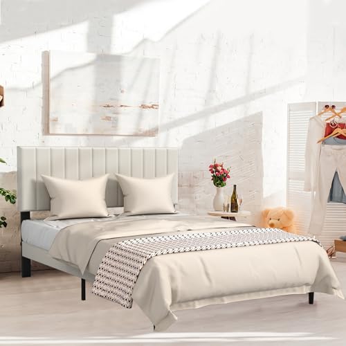 Froadp Polsterbett 140 x 200 cm – Doppelbettgestell mit Holzlattenstütze aus Samt, Gepolstertes Kopfteil mit Knöpfen, Plattformbettgestell für Schlafzimmer, Modernes Design (Beige) von Froadp