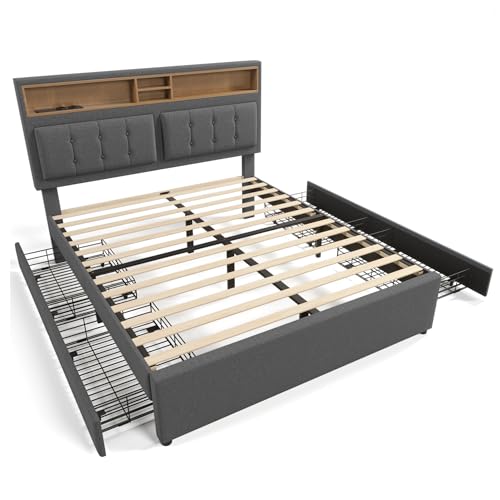 Froadp Polsterbett 140x200cm Doppelbett mit 4 Schubladen, USB, Type C und Steckdose Höhenverstellbar Kopfteil Bett mit Ablagefächer Stauraum Lattenrost aus Massivholz und Metall (Grey) von Froadp