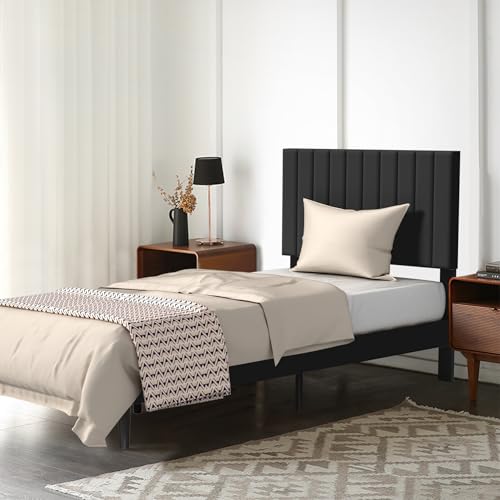 Froadp Polsterbett 90 x 200 cm – Doppelbettgestell mit Holzlattenstütze aus Samt, Gepolstertes Kopfteil mit Knöpfen, Plattformbettgestell für Schlafzimmer, Modernes Design (Schwarz) von Froadp
