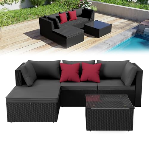 Froadp Polyrattan Gartenmöbel Set Outdoor Lounge Balkonmöbel Gartenlounge mit 3er Sofa, Tisch, Sessel, Hocker, Sitzkissen, Wetterfest, Terrasse Möbel Sitzgruppe für Garten, Balkon und Patio, Schwarz Froadp Polyrattan Gartenmöbel Set Outdoor Lounge Balkonmöbel Gartenlounge mit 3er Sofa, Tisch, Sessel, Hocker, Sitzkissen, Wetterfest, Terrasse Möbel Sitzgruppe für Garten, Balkon und Patio, Schwarz von Froadp