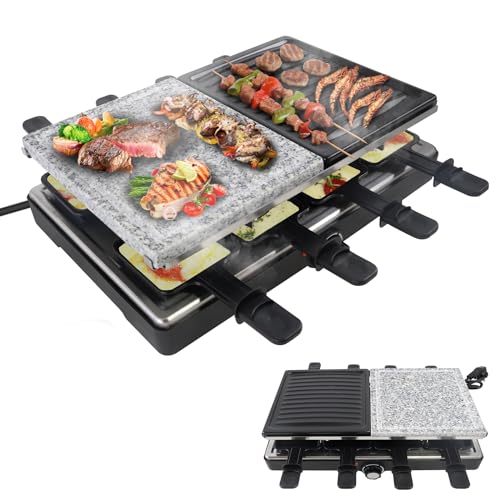 Froadp Raclette Grill mit Naturgrillstein und Grillplatte Antihaftbeschichtung Tischgrill Elektrisch 8 Pfannen und Holzspatel Stufenlos Einstellbare Temperatur Elektrogrill für Indoor & Outdoor 1400W von Froadp