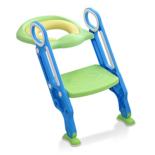Froadp Töpfchentrainer mit treppe Lerntöpfchen Toilettensitz Kinder-Töpfchen höhenverstellbar und klappbar für 1-7 jährige, Blau + Grün von Froadp