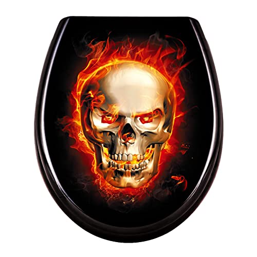 Froadp Toilettendeckel Klodeckel mit Absenkautomatik WC Sitz Toilettensitz aus Duroplast und Edelstahl Antibakteriell Toilettenbrille für Alle Handelsüblichen WC-Becken (Schwarzer Schädel) von Froadp