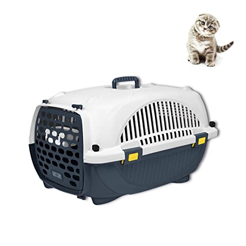 Froadp Transportbox Katze Hund Tragbarer Hundebox aus Stabilem Kunststoff 61x37x37cm Tiertransportbox mit Urinabstandshalter & Futternapf Käfige für Haustiere Bis zu 10kg Tragfähigkeit, Grau von Froadp