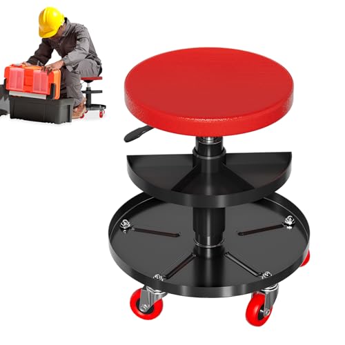 Froadp Werkstatthocker mit Rollen und Ablage Arbeitshocker Werkstattsitz aus PP und Eisen Mobiler Rollhocker für Werkstatt Garage Auto- und Maschinenreparaturen belastbar bis 130 kg (Rund) von Froadp