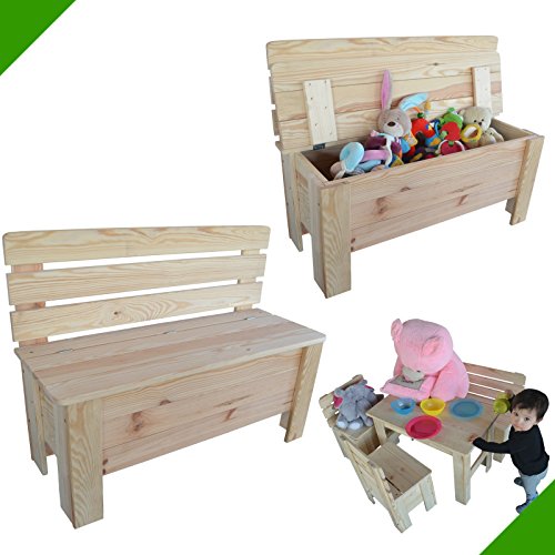 Kinderbank Holzbank Sitzbank Gartenbank Kiefer Massiv Bank aus Holz Sitztruhe Allzweckkiste Unbehandelt Holzmöbel Truhe Holztruhe Spielzeugtruhe Stauraum Spielzeugkiste von Fröschl Autozubehör