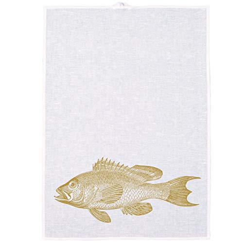 Frohstoff - Geschirrtuch Trockentuch Küchentuch - Halbleinen - Fisch Barsch - Weiß/Senfgelb- 50 x 70 cm von Frohstoff