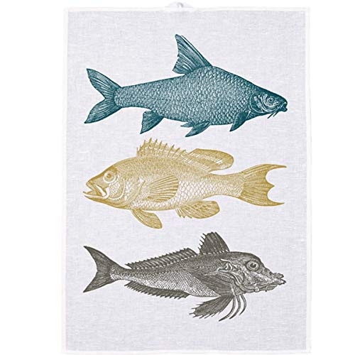 Frohstoff - Geschirrtuch Trockentuch Küchentuch - Halbleinen - Fischtrio - Weiß/Multicolor - 50 x 70 cm von Frohstoff