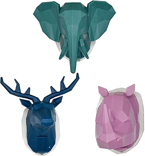 Frolahouse 3 Stück selbstklebende 3D-Tierkopf-Dekoration Wandhänger Elchform Nashorn Elefant Kunststoff Haken in Rosa Grün Marineblau Farbe für Schlüssel Mantel Hut von Frolahouse