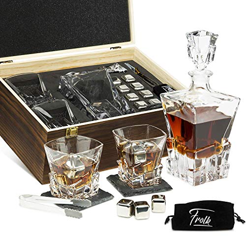 Frolk Whiskey Bullet Stones Premium Geschenkset Whiskey Decanter,8 Cubes & 2 Glasses silber von Frolk