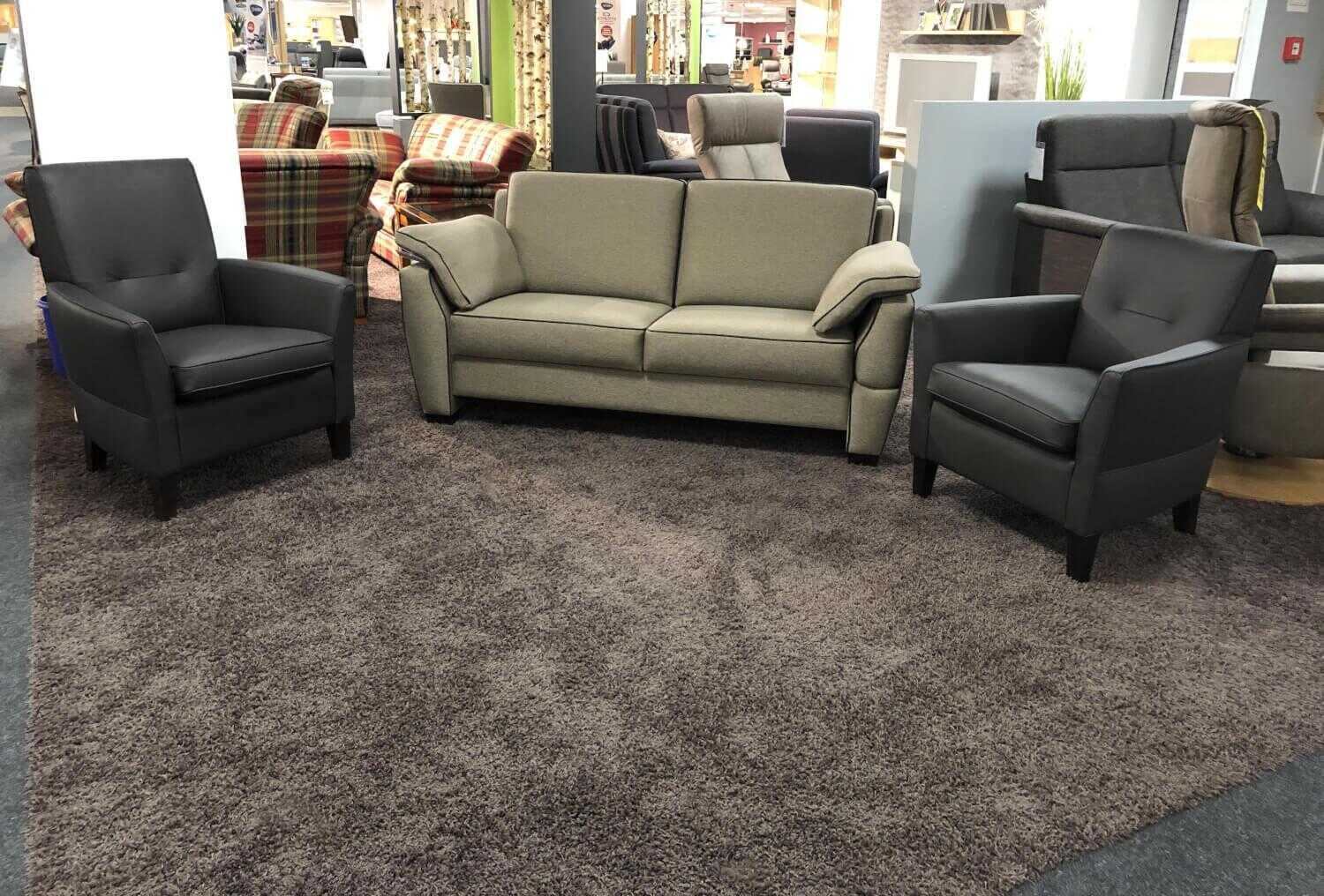 Garnitur Trevi Sofa Stoff Grün Grau mit 2 Sesseln Leder Braun von Frommholz