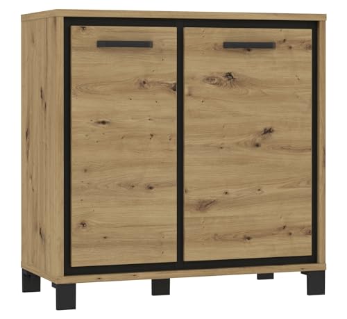 Forte TRONDHEIM Kommode 2 Türen, Holzwerkstoff, Artisan Eiche/Schwarz Eiche, B x H x T: 91,4 x 91,2 x 41,5 cm von Forte