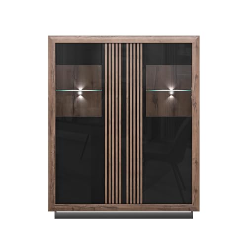 Forte Savona Vitrine 130 140 mit 2 Türen, Elegante Wohnzimmervitrine, Standvitrine, Holzwerkstoff in Schwarz/Edeleiche Holzdekor, Schwarz Hochglanz, 133 cm breit x 161,8 cm hoch x 42,3 cm tief von Forte