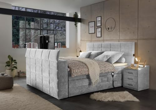 Froschkönig24 Denver Boxspringbett 180x200cm Silber inkl. Motor & motorisierte TV-Halterung, Ausführung:Variante 2 von Froschkönig24
