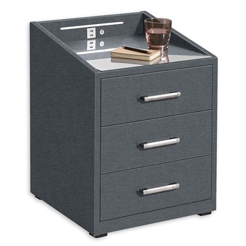 Stella Trading Moon Nachttisch Stoffbezug mit LED-Beleuchtung & USB-Anschlüsse 3 Schubladen 47x61x46 cm von Froschkönig24