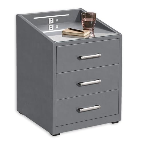 Froschkönig24 Moon Nachttisch Boxspringbett, Hermes Grey-Funktionaler Nachtschrank mit USB-Anschluss und LED-Beleuchtung, 47 x 61 x 46 cm von Froschkönig24