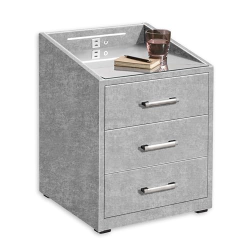 Froschkönig24 Moon Nachttisch Boxspringbett, Odin Light Grey-Funktionaler Nachtschrank mit USB-Anschluss und LED-Beleuchtung, 47 x 61 x 46 cm von Froschkönig24