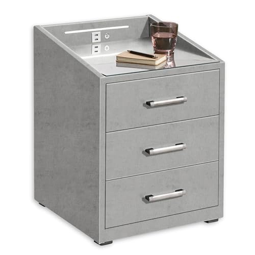 Stella Trading Moon Nachttisch Stoffbezug mit LED-Beleuchtung & USB-Anschlüsse 3 Schubladen 47x61x46 cm von Froschkönig24