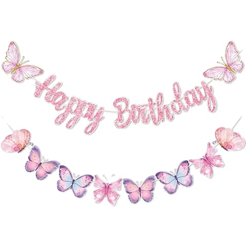 FrostyFlair Happy Birthday Girlande, 2 Stück Rosa 63" x 23,6" Schmetterling Deko Geburtstag, Geburtstagsbanner Geburtstagsdeko Mädchen, Deko Geburtstag Mädchen FrostyFlair Happy Birthday Girlande, 2 Stück Rosa 63" x 23,6" Schmetterling Deko Geburtstag, Geburtstagsbanner Geburtstagsdeko Mädchen, Deko Geburtstag Mädchen von FrostyFlair