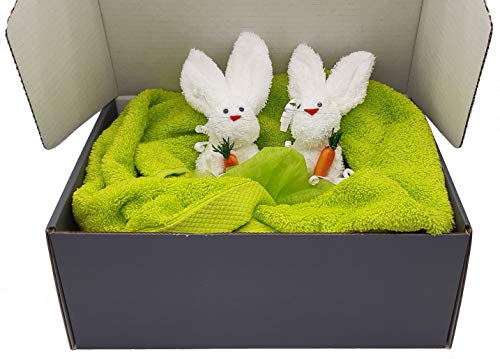 Frotteebox Geschenk Box Ostern 4-teilig mit Hasenpaar im Nest in Handarbeit geformt aus 2X Waschhandschuh weiß mit Handtuch und Duschtuch Kiwi-grün von Frotteebox