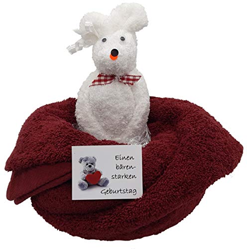 Frotteebox Geschenk Set Bär weiß in Handarbeit geformt aus Handtuch Bordeaux-rot und Wachhandschuh weiß für einen bärenstarken Geburtstag von Frotteebox